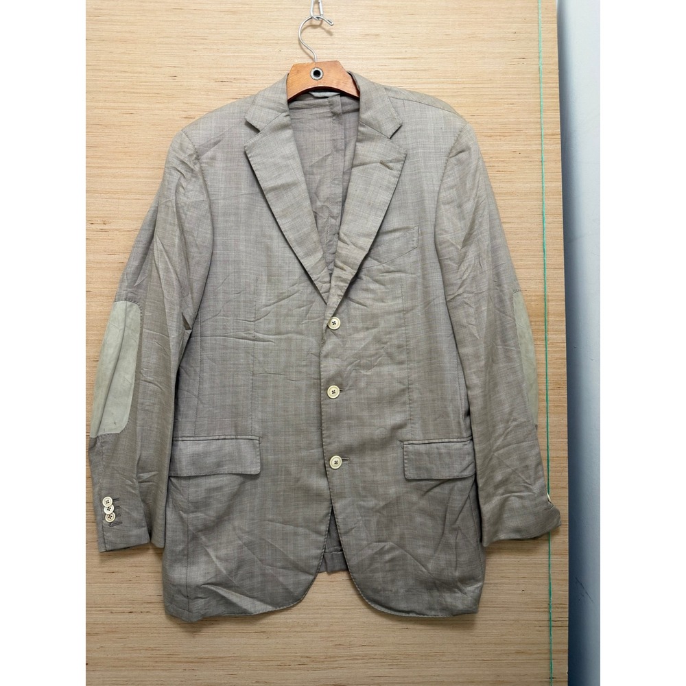 Mens Tan Herringbone 3-Button Blazer with Elbow Patches Made in Switzerland